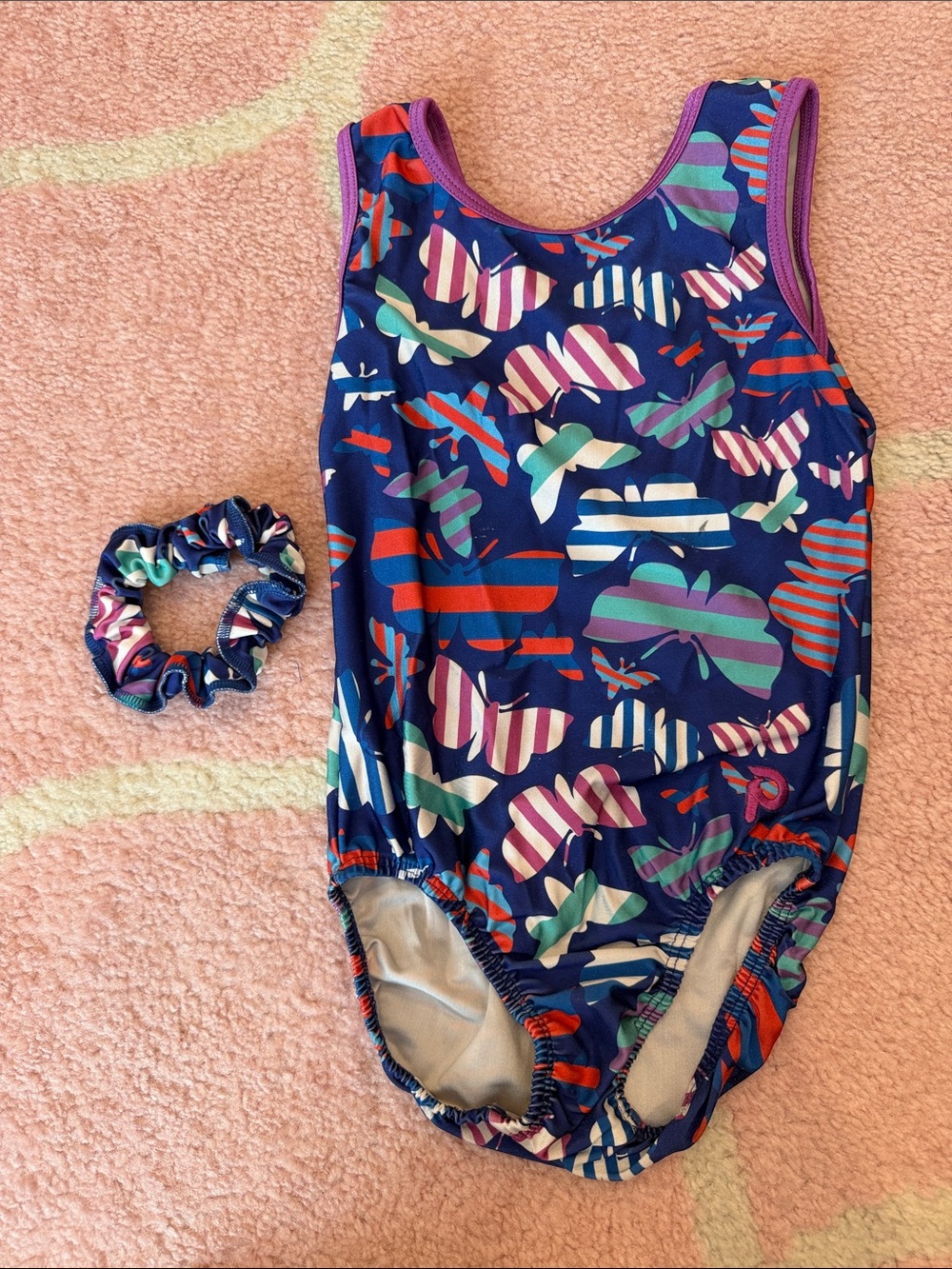 Girls' Plum Practicewear Navy Butterfly Print One-Piece  gymnasticwith Scrunchie